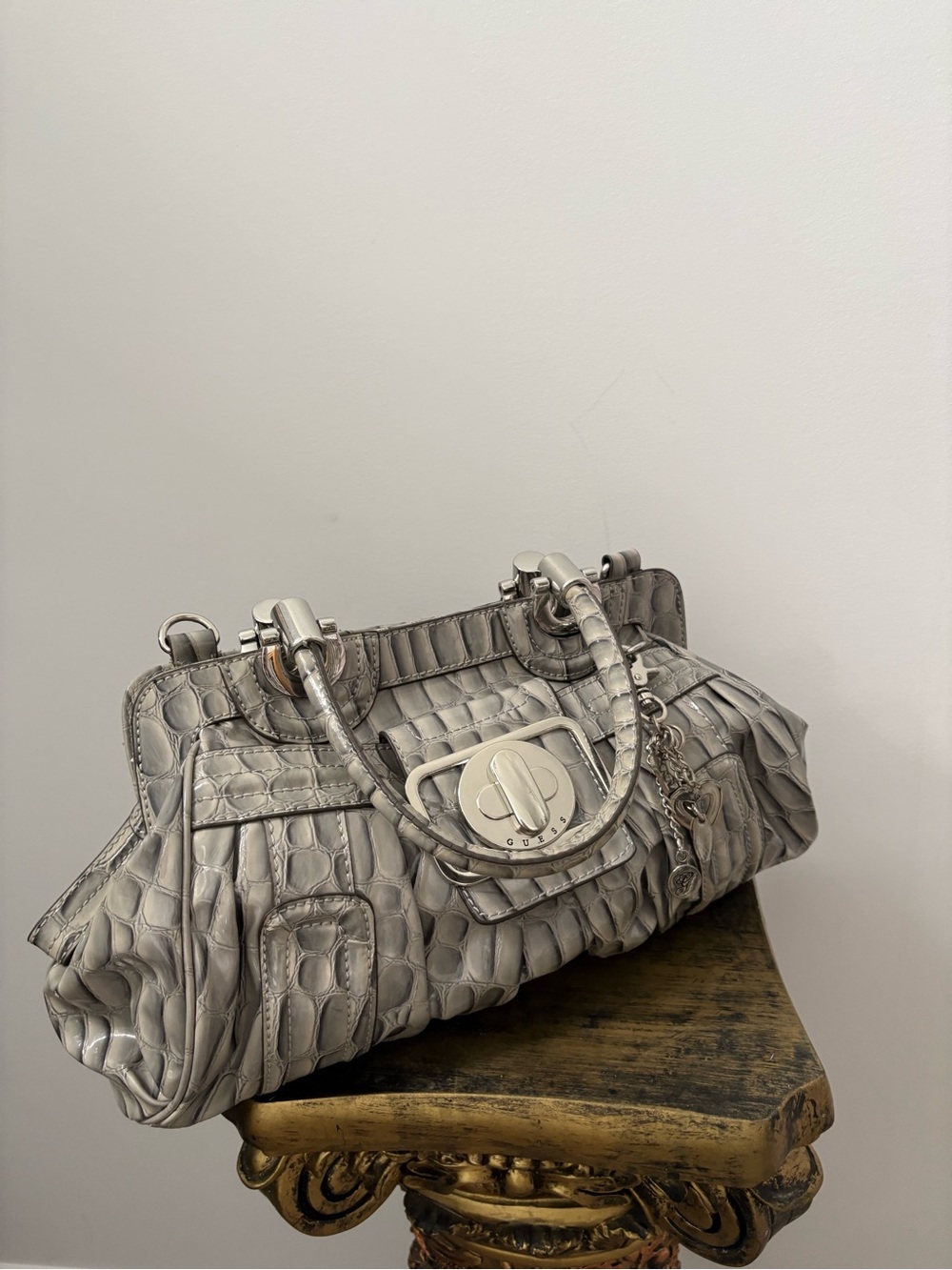 Y2K Guess Silver Croc-Embossed Satchel with Charm Hardware - Picture 4 of 5